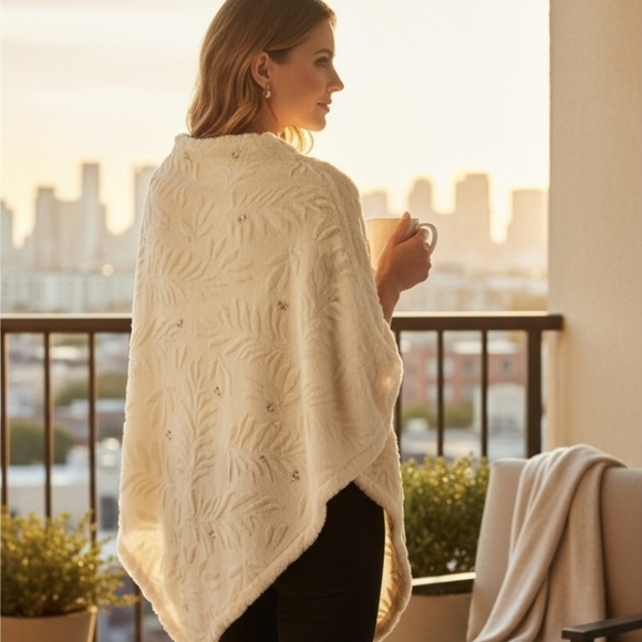 PASSAGE ✦ Ivory Diamond Faux Fur Poncho ✦ Pearl Beads Embossed Leaf Print OS - Picture 2 of 11